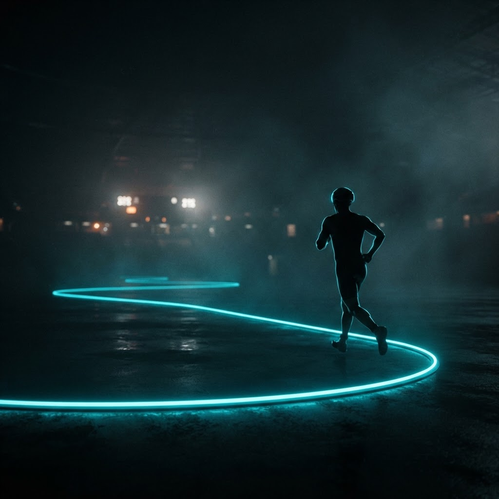 A male triathlete seen from behind sprinting along a glowing cyan loop track in a dark floodlit stadium